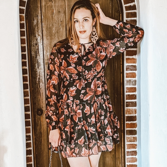 NWT Boho Floral Print Fall Mini Dress S:Sm-Med - Picture 3 of 9